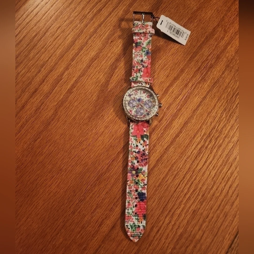 NWT Guess Pink Floral Silver Rhinestone Studded Watch